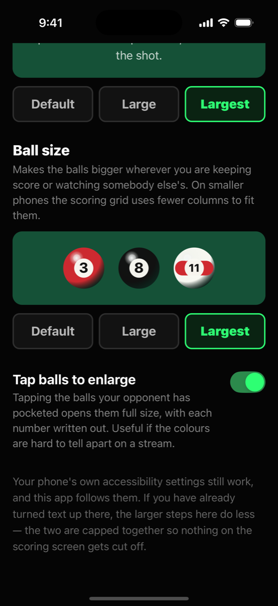 The lower half of the Accessibility screen, showing the Tap balls to enlarge switch turned on.