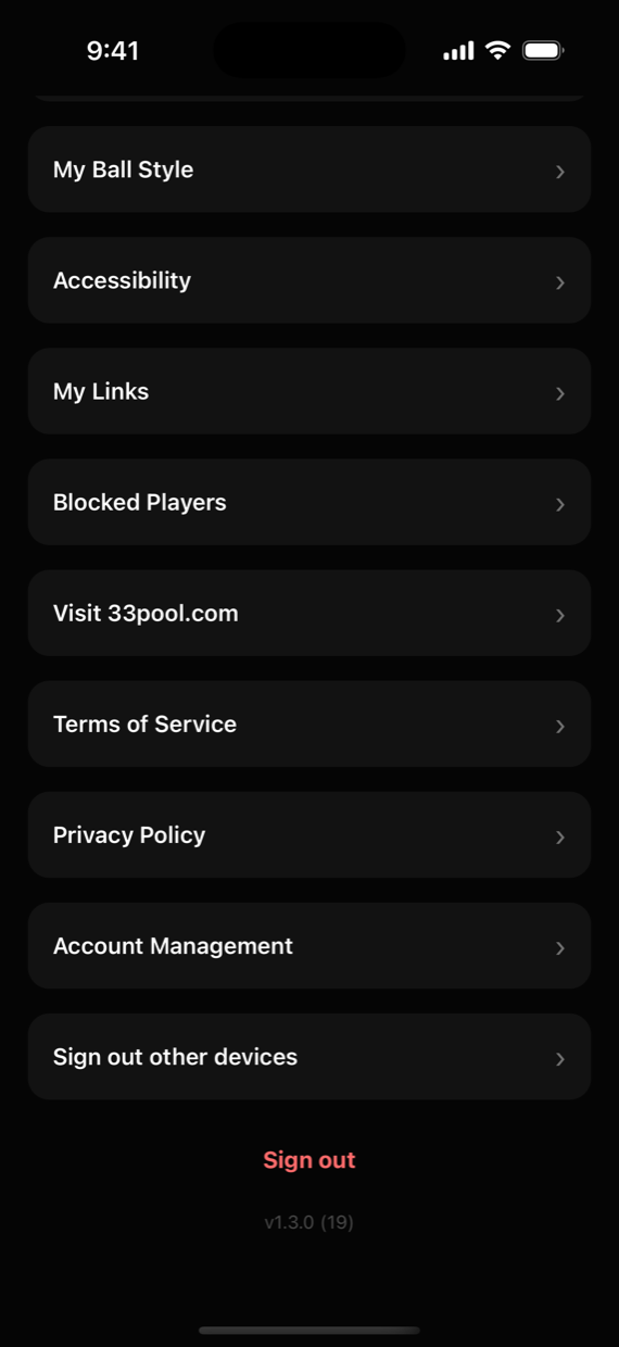 The links at the bottom of the Settings screen, with the Accessibility row highlighted.
