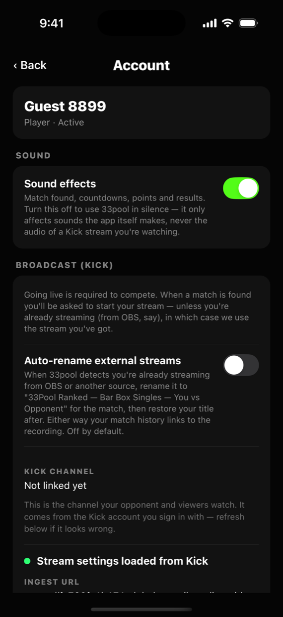 The top of the 33 Pool Settings screen, showing the account card and sound settings.