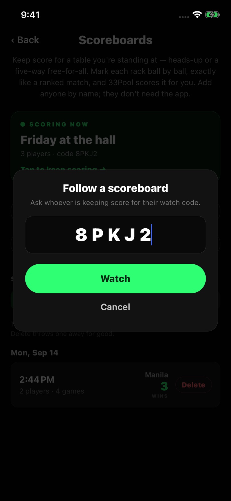 Entering a watch code to follow a 33Pool scoreboard
