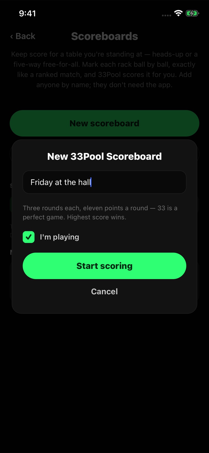 Creating a new 33Pool scoreboard named Friday at the hall, with I'm playing ticked