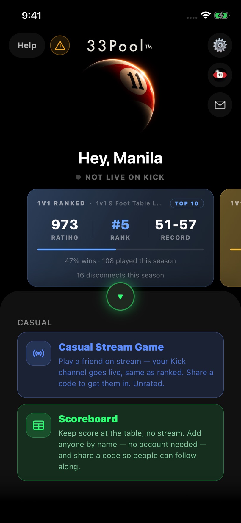 The Casual panel in the 33Pool app, with Casual Stream Game and Scoreboard options