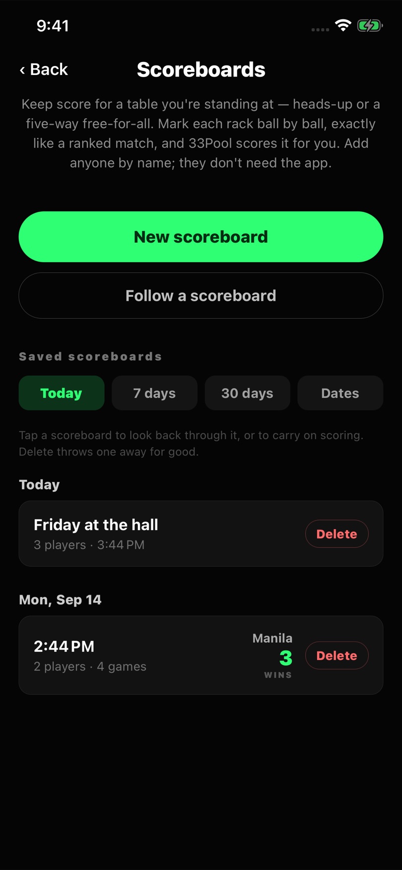 Saved scoreboards in the 33Pool app, with tonight's board listed under Today