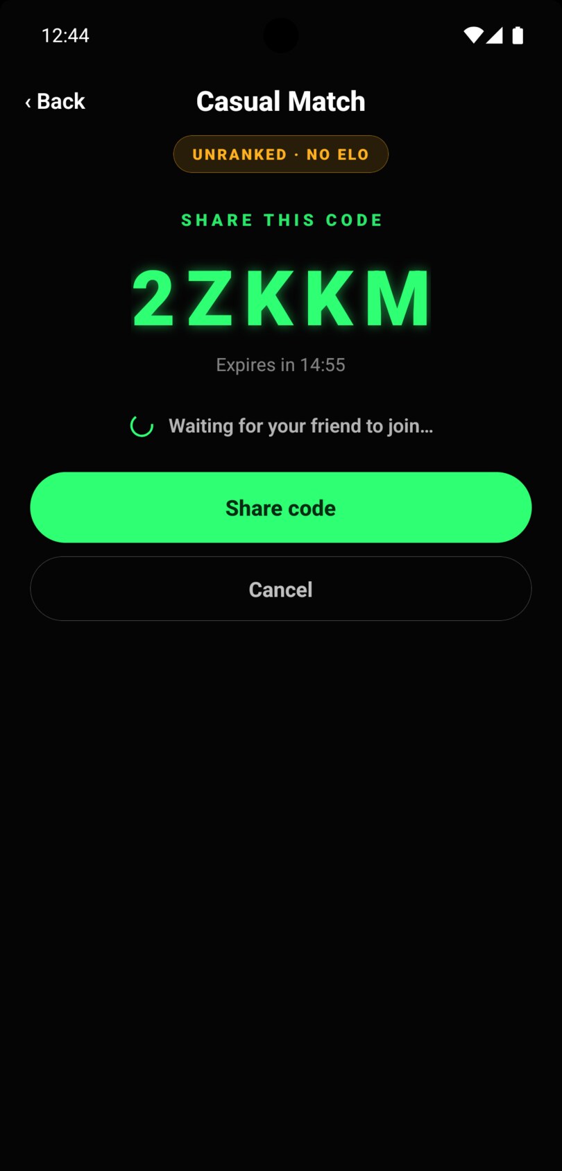 A casual match code in the 33Pool app, marked unranked with no rating change, waiting for a friend to join