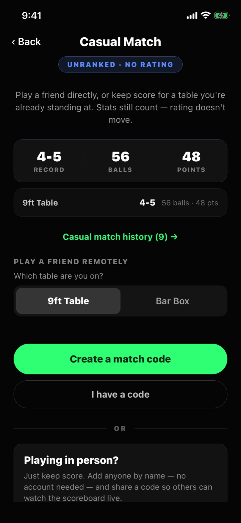 The casual match screen in the 33Pool app: unranked with no rating change, with a table picker and a Create a match code button