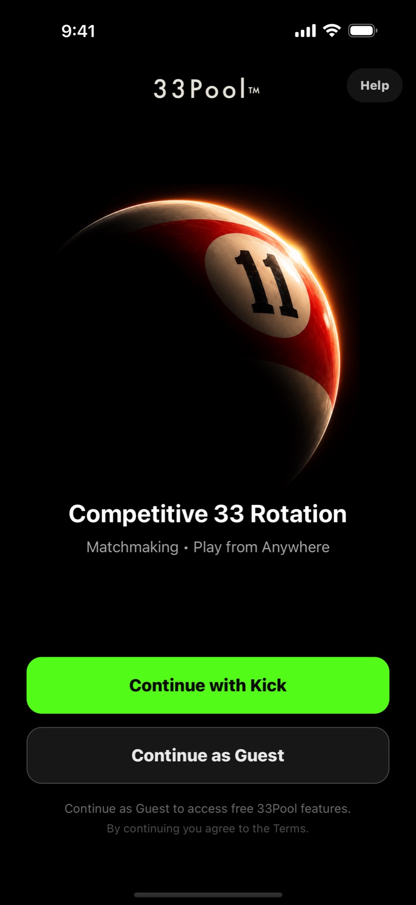 The 33Pool app sign-in screen: Continue with Kick, or Continue as Guest