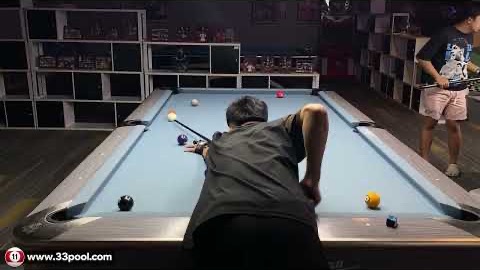 A player down on a shot at a pool table in the 33 Rotation video series